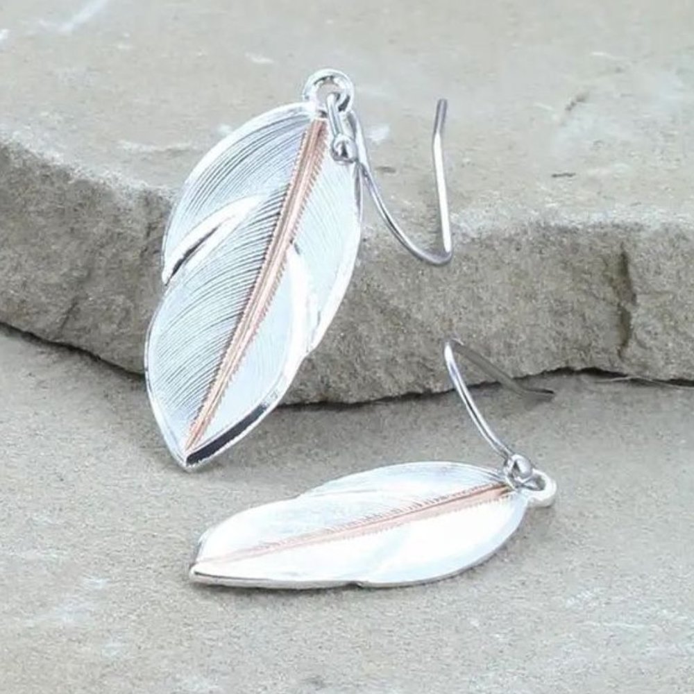 Feather Earrings-Sterling Silver Plated-New